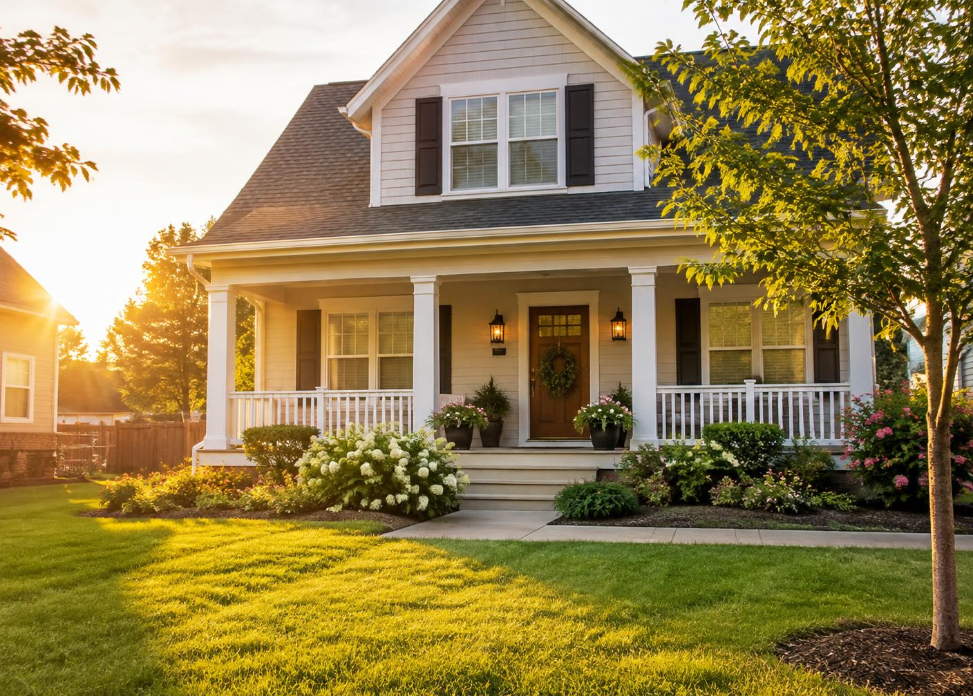 A welcoming home with a front porch and green yard