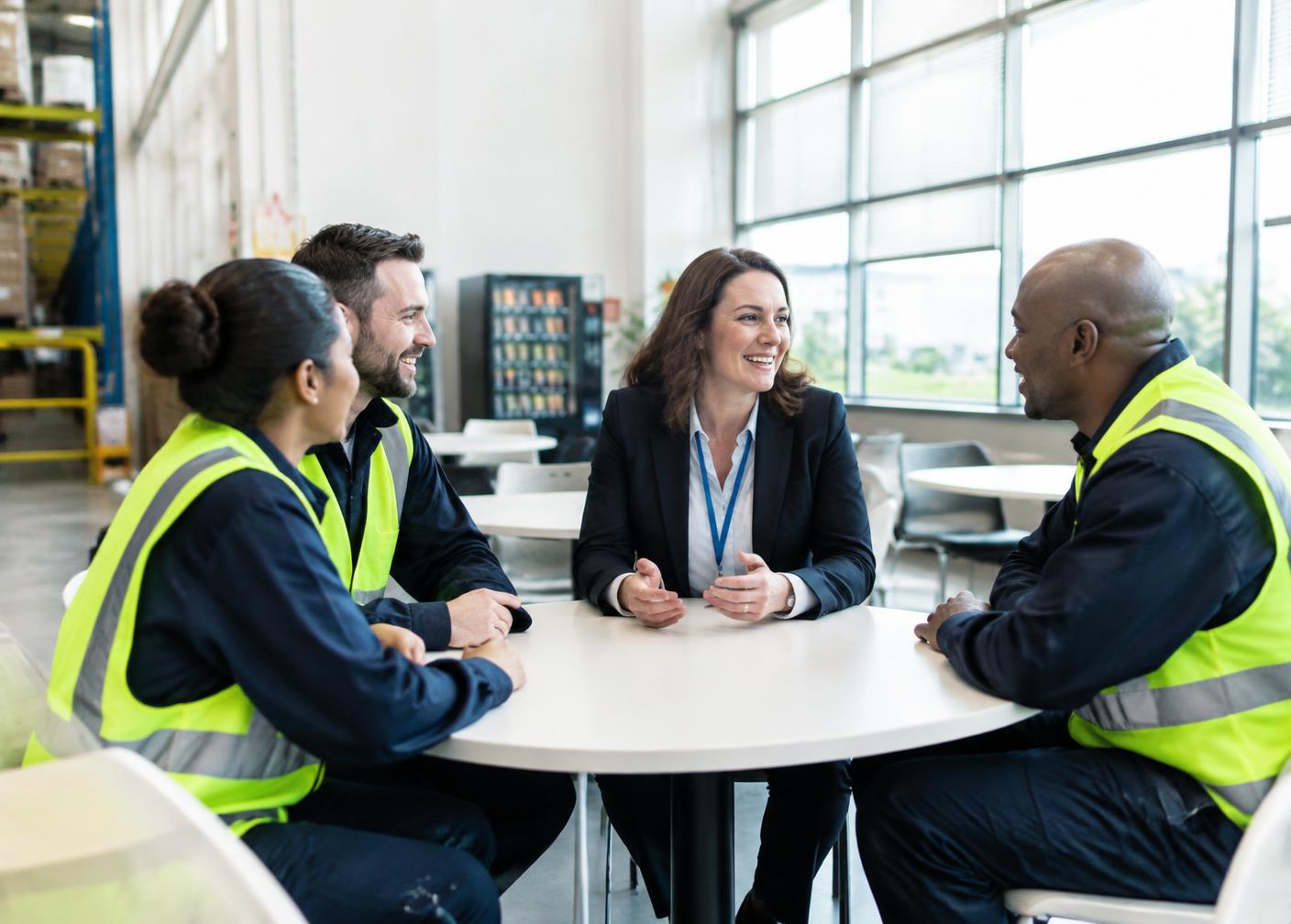 A manager talking with warehouse team members around a table
