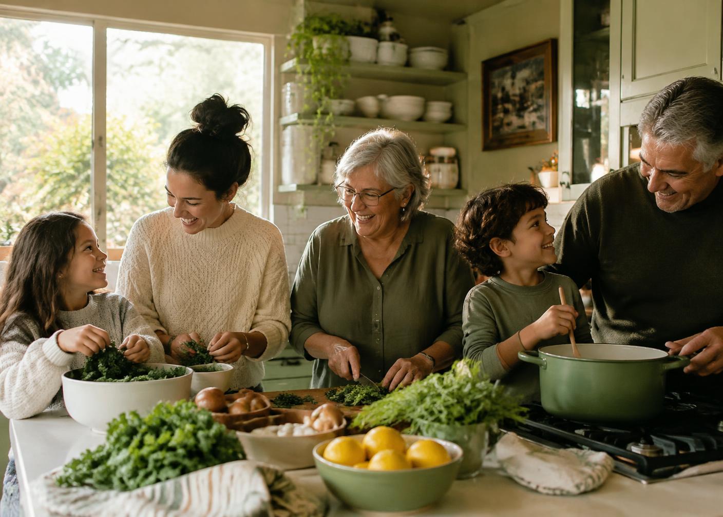 A multigenerational family laughing while cooking together in their kitchen